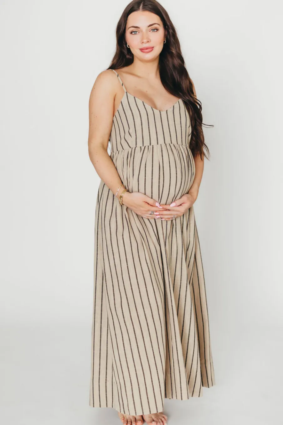 Outlet Worth Collective Carley Cotton & Linen Maxi Dress in Beige/Charcoal Stripe - Bump Frien