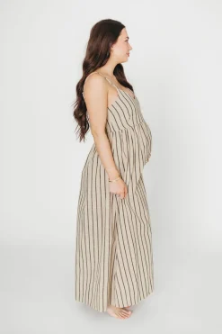 Outlet Worth Collective Carley Cotton & Linen Maxi Dress in Beige/Charcoal Stripe - Bump Frien