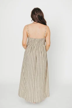 Outlet Worth Collective Carley Cotton & Linen Maxi Dress in Beige/Charcoal Stripe - Bump Frien