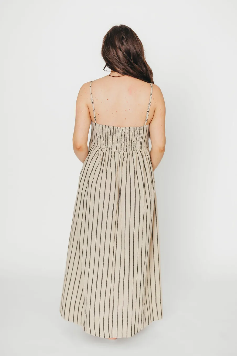 Outlet Worth Collective Carley Cotton & Linen Maxi Dress in Beige/Charcoal Stripe - Bump Frien
