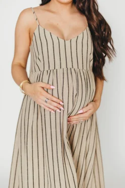 Outlet Worth Collective Carley Cotton & Linen Maxi Dress in Beige/Charcoal Stripe - Bump Frien