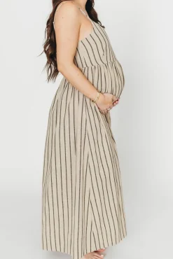 Outlet Worth Collective Carley Cotton & Linen Maxi Dress in Beige/Charcoal Stripe - Bump Frien