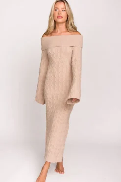 Best Worth Collective Carley Off-the-Shoulder Cable Knit Maxi Dress in Oatmeal
