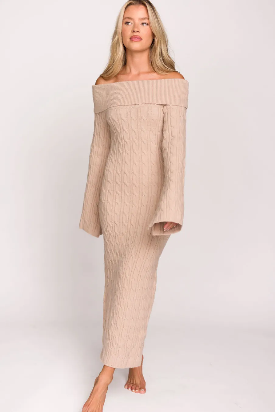 Best Worth Collective Carley Off-the-Shoulder Cable Knit Maxi Dress in Oatmeal