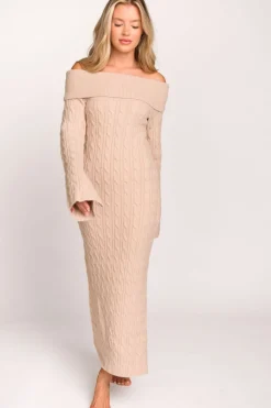 Best Worth Collective Carley Off-the-Shoulder Cable Knit Maxi Dress in Oatmeal