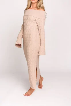 Best Worth Collective Carley Off-the-Shoulder Cable Knit Maxi Dress in Oatmeal