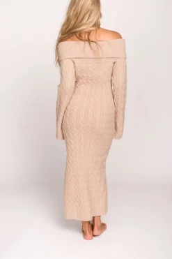 Best Worth Collective Carley Off-the-Shoulder Cable Knit Maxi Dress in Oatmeal