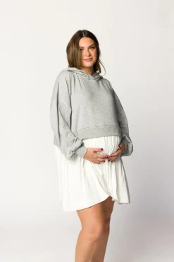 Online Worth Collective Caroline Hoodie/Babydoll Mini Dress in Heather Grey/Off-White