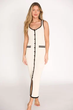 Fashion Worth Collective Casey Contrast Button-Down Midi Dress in Cream/Black