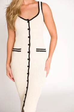Fashion Worth Collective Casey Contrast Button-Down Midi Dress in Cream/Black