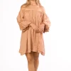 Clearance Worth Collective Cassidy 100% Linen On/Off Shoulder Mini Dress in Mocha