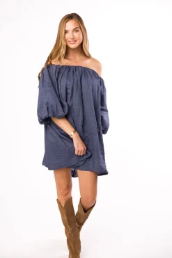 New Worth Collective Cassidy 100% Linen On/Off Shoulder Mini Dress in Denim