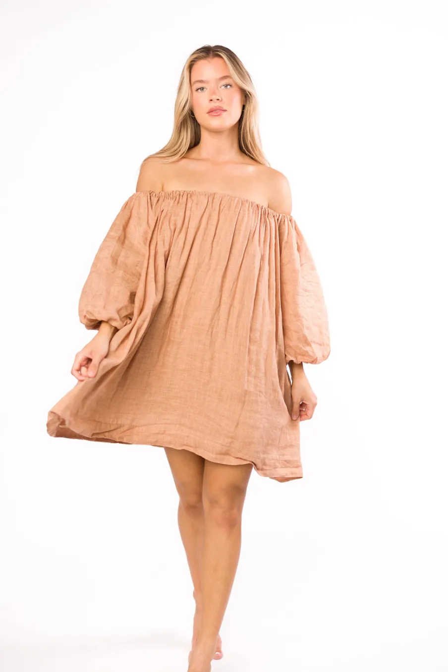 Clearance Worth Collective Cassidy 100% Linen On/Off Shoulder Mini Dress in Mocha