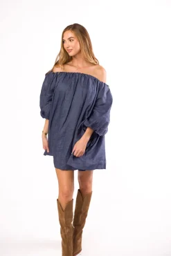 New Worth Collective Cassidy 100% Linen On/Off Shoulder Mini Dress in Denim