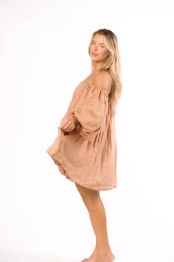 Clearance Worth Collective Cassidy 100% Linen On/Off Shoulder Mini Dress in Mocha