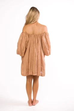 Clearance Worth Collective Cassidy 100% Linen On/Off Shoulder Mini Dress in Mocha