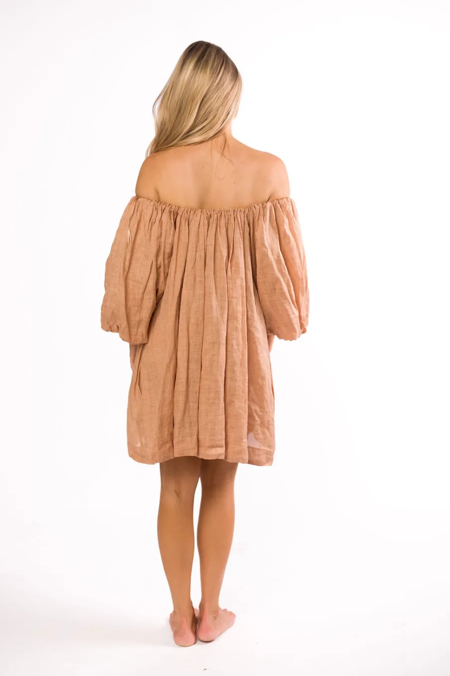 Clearance Worth Collective Cassidy 100% Linen On/Off Shoulder Mini Dress in Mocha