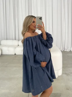 New Worth Collective Cassidy 100% Linen On/Off Shoulder Mini Dress in Denim