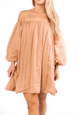 Clearance Worth Collective Cassidy 100% Linen On/Off Shoulder Mini Dress in Mocha