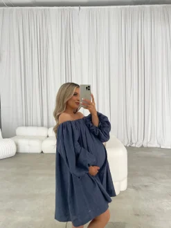 New Worth Collective Cassidy 100% Linen On/Off Shoulder Mini Dress in Denim