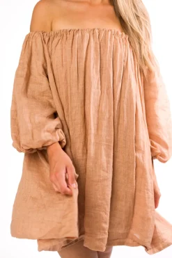 Clearance Worth Collective Cassidy 100% Linen On/Off Shoulder Mini Dress in Mocha