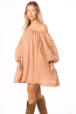Clearance Worth Collective Cassidy 100% Linen On/Off Shoulder Mini Dress in Mocha