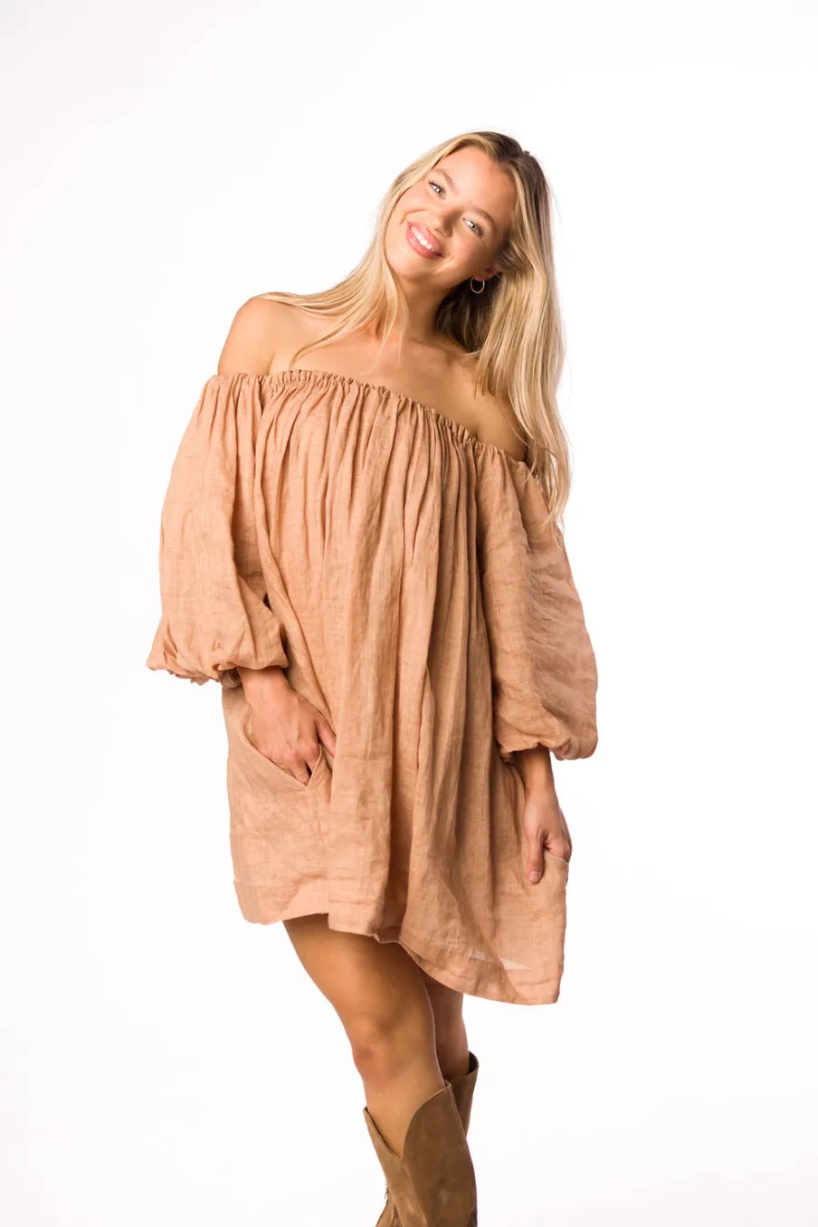 Clearance Worth Collective Cassidy 100% Linen On/Off Shoulder Mini Dress in Mocha