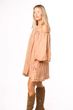 Clearance Worth Collective Cassidy 100% Linen On/Off Shoulder Mini Dress in Mocha