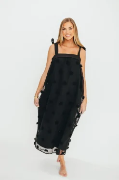 Online Worth Collective Catalina Blossom Embroidery Tie Strap Midi Dress in Black