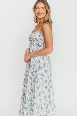 New Worth Collective Cecile 100% Cotton Bow Front Maxi Dress in Cream/Blue Floral