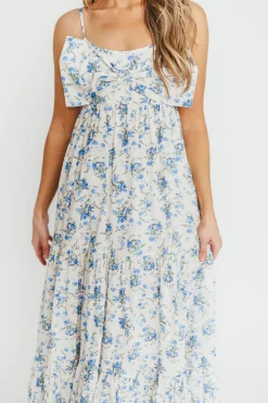 New Worth Collective Cecile 100% Cotton Bow Front Maxi Dress in Cream/Blue Floral
