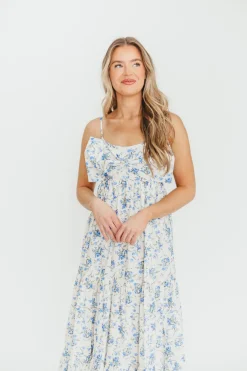 New Worth Collective Cecile 100% Cotton Bow Front Maxi Dress in Cream/Blue Floral