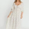 Fashion Worth Collective Cecilia 100% Cotton Smocked Maxi Dress in Ivory/Mauve Floral - Bump Fr