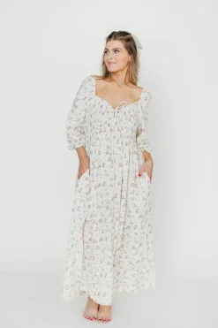 Fashion Worth Collective Cecilia 100% Cotton Smocked Maxi Dress in Ivory/Mauve Floral - Bump Fr