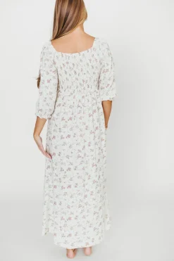Fashion Worth Collective Cecilia 100% Cotton Smocked Maxi Dress in Ivory/Mauve Floral - Bump Fr