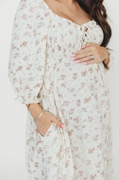 Fashion Worth Collective Cecilia 100% Cotton Smocked Maxi Dress in Ivory/Mauve Floral - Bump Fr