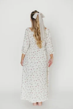 Fashion Worth Collective Cecilia 100% Cotton Smocked Maxi Dress in Ivory/Mauve Floral - Bump Fr