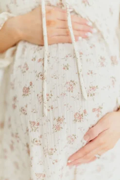 Fashion Worth Collective Cecilia 100% Cotton Smocked Maxi Dress in Ivory/Mauve Floral - Bump Fr
