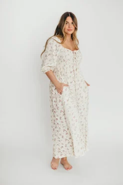 Fashion Worth Collective Cecilia 100% Cotton Smocked Maxi Dress in Ivory/Mauve Floral - Bump Fr