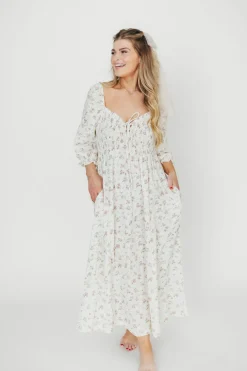 Fashion Worth Collective Cecilia 100% Cotton Smocked Maxi Dress in Ivory/Mauve Floral - Bump Fr