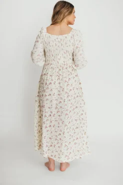 Fashion Worth Collective Cecilia 100% Cotton Smocked Maxi Dress in Ivory/Mauve Floral - Bump Fr