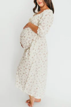 Fashion Worth Collective Cecilia 100% Cotton Smocked Maxi Dress in Ivory/Mauve Floral - Bump Fr