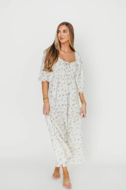 Fashion Worth Collective Cecilia 100% Cotton Smocked Maxi Dress in Ivory/Mauve Floral - Bump Fr