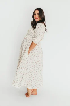 Fashion Worth Collective Cecilia 100% Cotton Smocked Maxi Dress in Ivory/Mauve Floral - Bump Fr