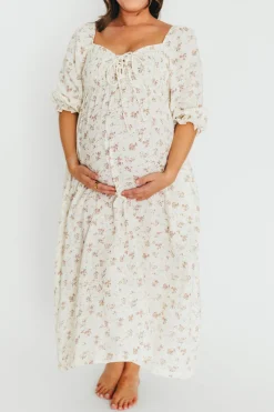 Fashion Worth Collective Cecilia 100% Cotton Smocked Maxi Dress in Ivory/Mauve Floral - Bump Fr