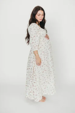 Fashion Worth Collective Cecilia 100% Cotton Smocked Maxi Dress in Ivory/Mauve Floral - Bump Fr