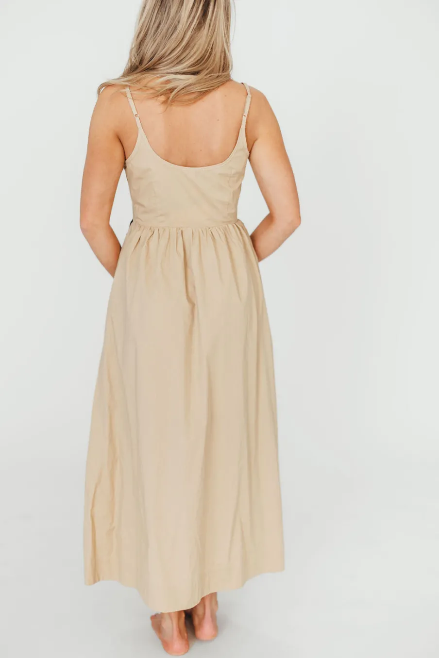 Hot Worth Collective Celeste Square Neck Midi Dress with Bow Detail in Khaki