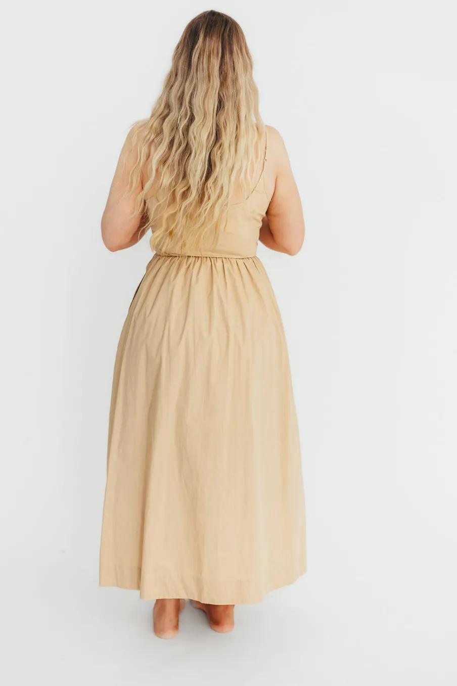 Hot Worth Collective Celeste Square Neck Midi Dress with Bow Detail in Khaki