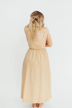 Hot Worth Collective Celeste Square Neck Midi Dress with Bow Detail in Khaki
