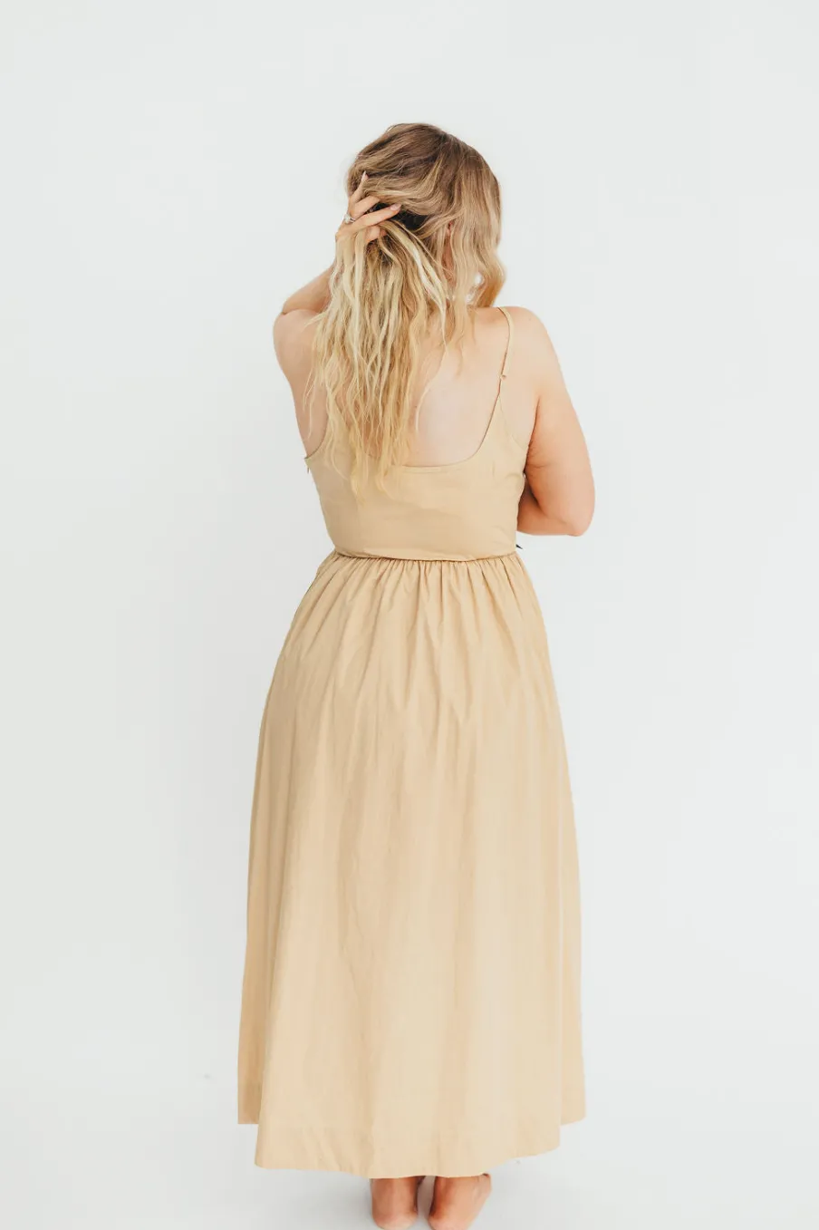 Hot Worth Collective Celeste Square Neck Midi Dress with Bow Detail in Khaki